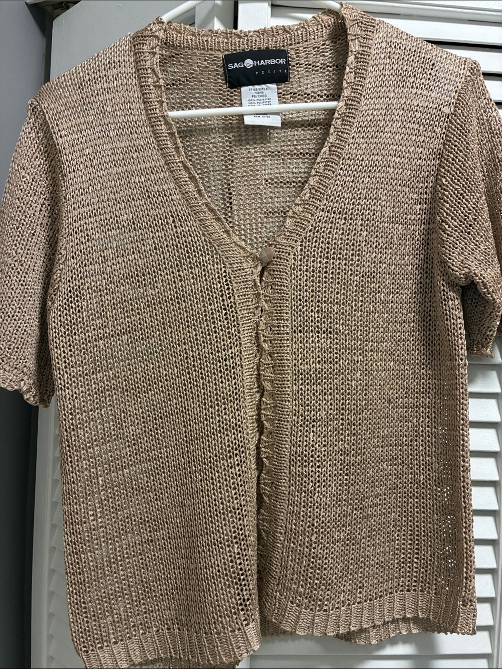 Sag Harbor Open-Weave Short Sleeve Cardigan in Taupe
